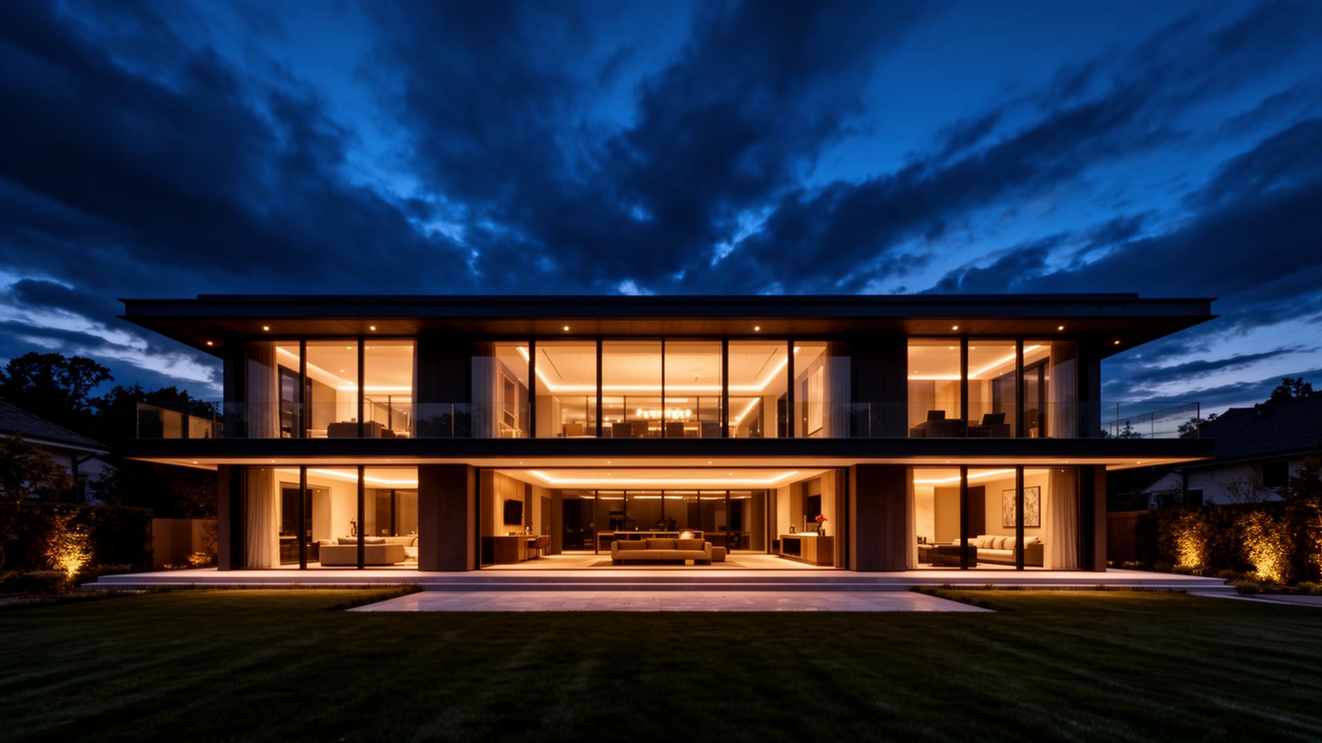 Modern home protected at dusk